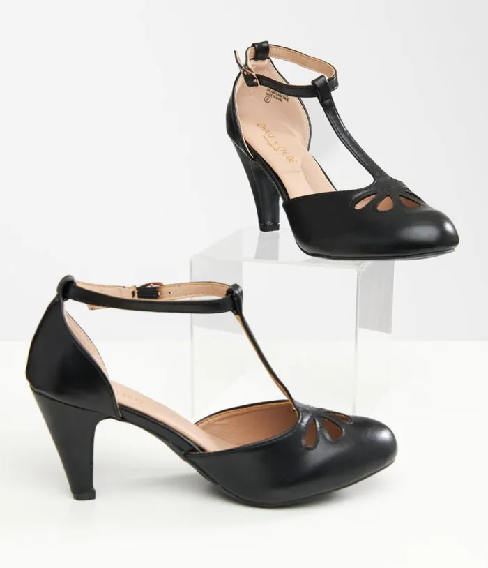 1920s Black Leatherette TStrap Heels Shoes Unique Vintage Heels