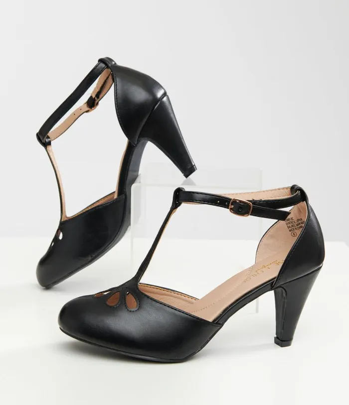 1920s Black Leatherette TStrap Heels Shoes Unique Vintage Heels