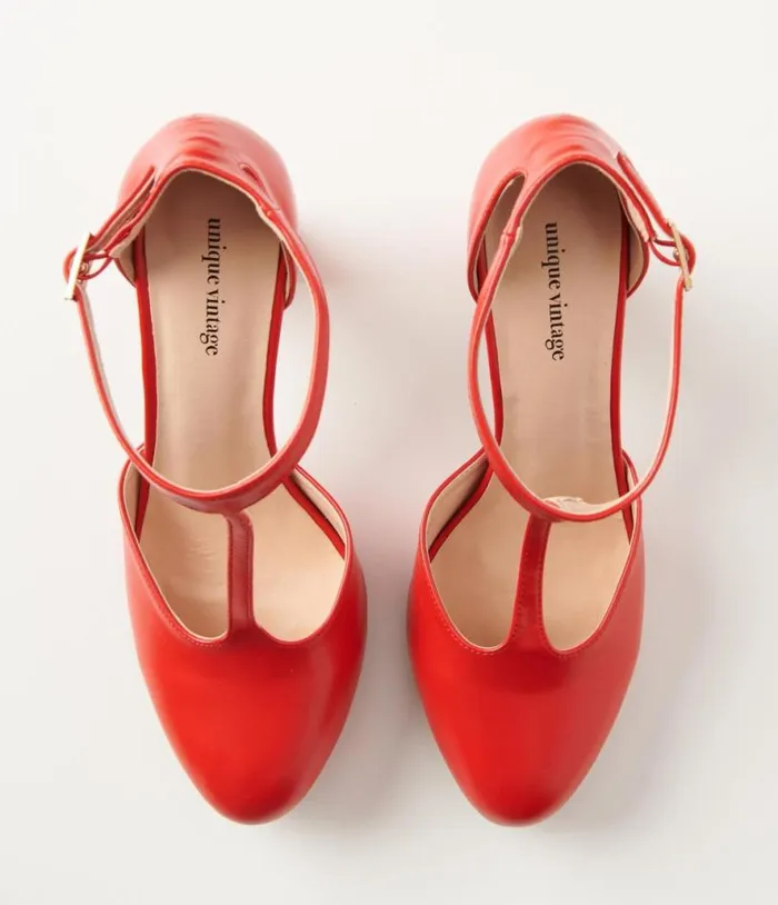 1920s Red Leatherette TStrap Astaire Pumps Shoes Unique Vintage Heels