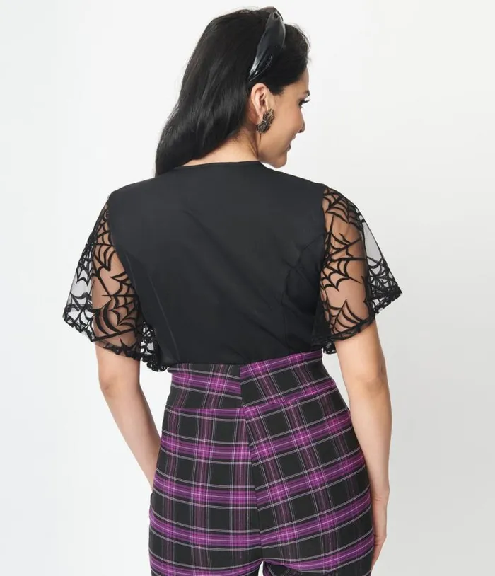 1940s Black Flocked Spiderweb Mesh Cecilia Blouse Halloween Unique Vintage Tops