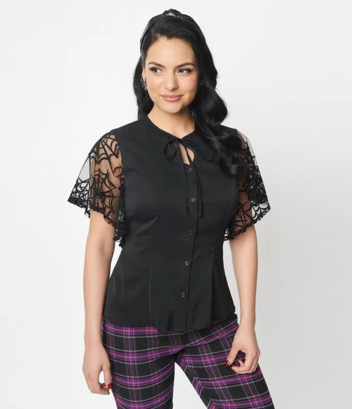 1940s Black Flocked Spiderweb Mesh Cecilia Blouse Halloween Unique Vintage Tops