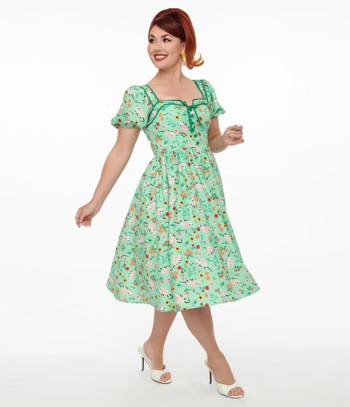 1940s Green Possum Print Button Front Dress Dresses Unique Vintage Swing