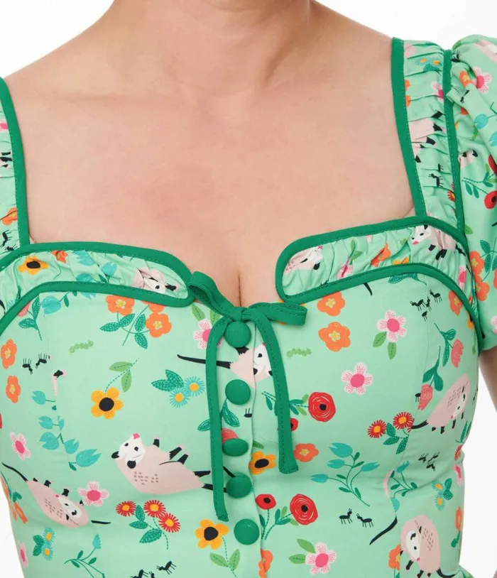 1940s Green Possum Print Button Front Dress Dresses Unique Vintage Swing