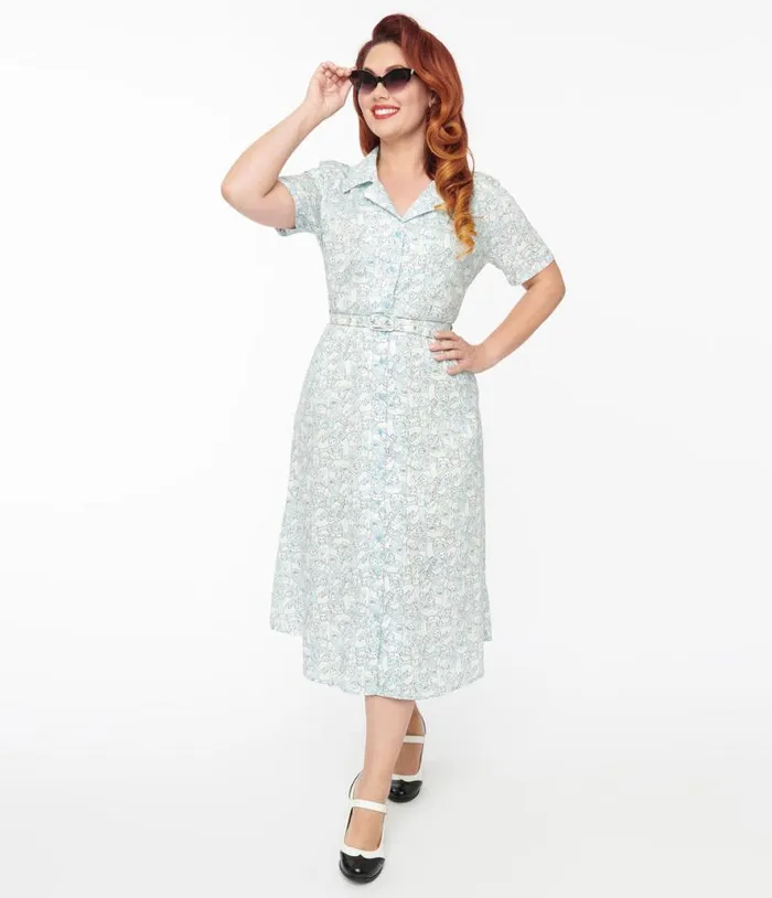 1940s Light Blue and White Cat Print Cotton Midi Dress Dresses Unique Vintage Pocket Dresses 1940s Light Blue and White Cat Print Cotton Midi Dress Dresses Unique Vintage Pocket Dresses
