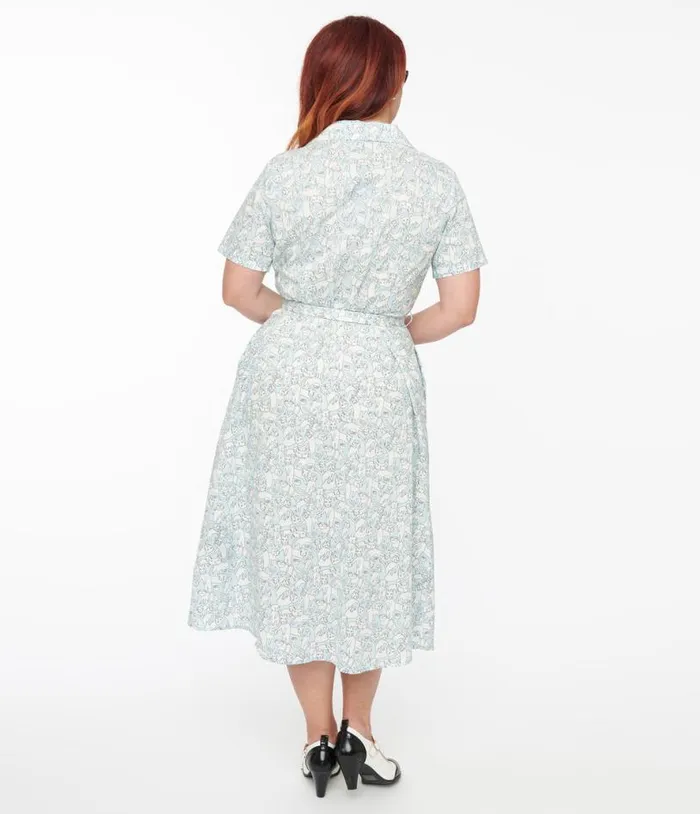1940s Light Blue and White Cat Print Cotton Midi Dress Dresses Unique Vintage Pocket Dresses