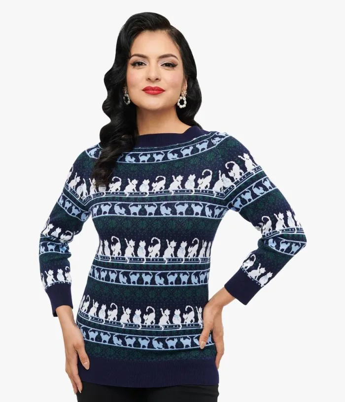 1940s Navy and White Cat Pattern Lorelai Sweater Clothing Unique Vintage Sweaters and Cardigans 1940s Navy and White Cat Pattern Lorelai Sweater Clothing Unique Vintage Sweaters and Cardigans