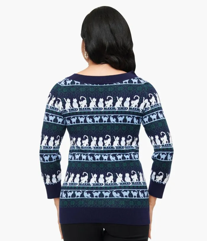 1940s Navy and White Cat Pattern Lorelai Sweater Clothing Unique Vintage Sweaters and Cardigans