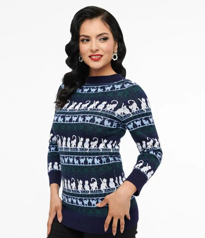 1940s Navy and White Cat Pattern Lorelai Sweater Clothing Unique Vintage Sweaters and Cardigans