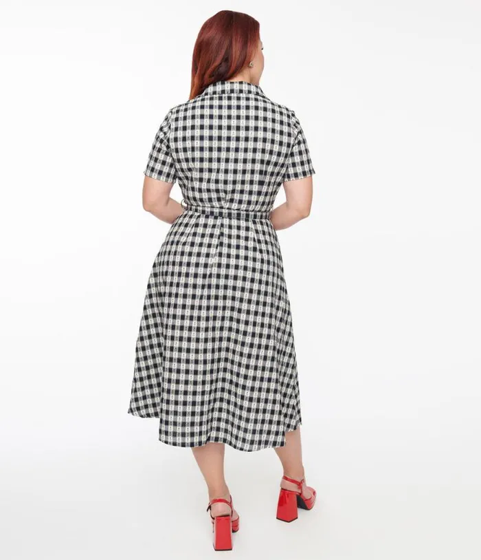 1940s Navy Plaid Cherry Cotton Midi Dress Dresses Unique Vintage Pocket Dresses