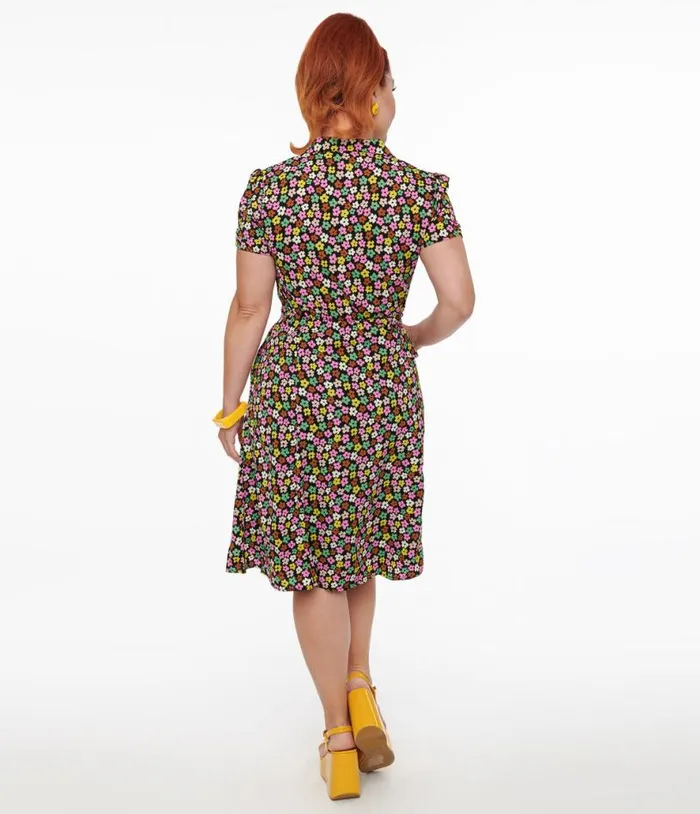1950s Black and Multicolor Flower Print Fit and Flare Dress Dresses Unique Vintage Pocket Dresses