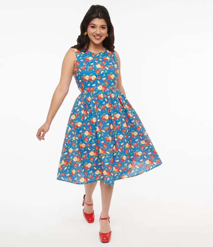 1950s Blue and Red Apple Print Cotton Swing Dress Dresses Unique Vintage Pocket Dresses