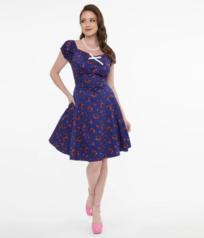 1950s Collectif Blue and Mixed Berries Print Dolores Mini Dress Dresses Unique Vintage Pocket Dresses 1950s Collectif Blue and Mixed Berries Print Dolores Mini Dress Dresses Unique Vintage Pocket Dresses