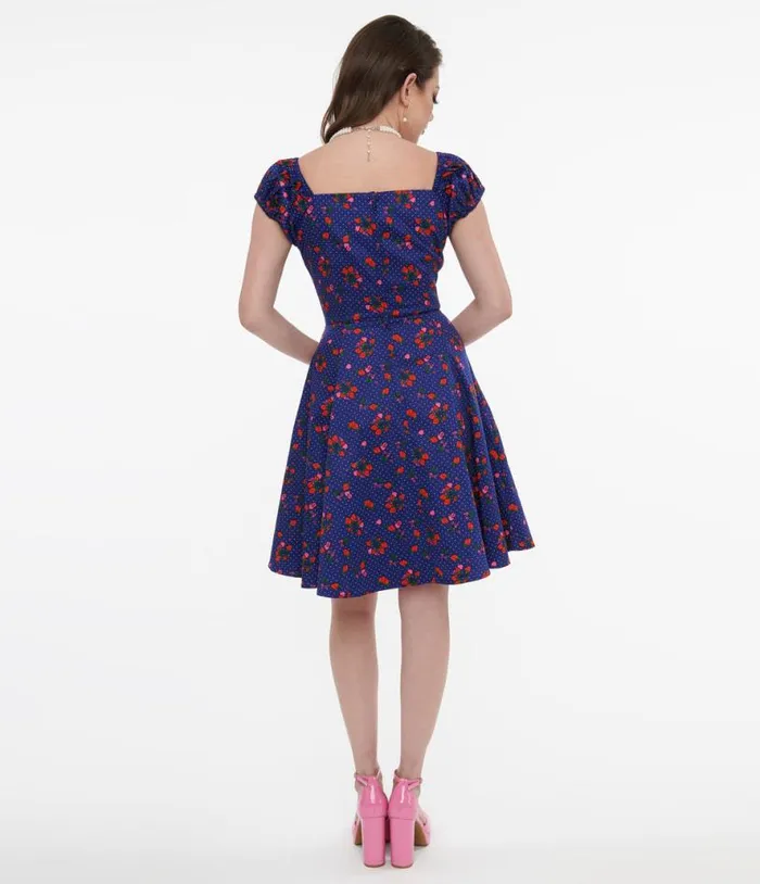 1950s Collectif Blue and Mixed Berries Print Dolores Mini Dress Dresses Unique Vintage Pocket Dresses