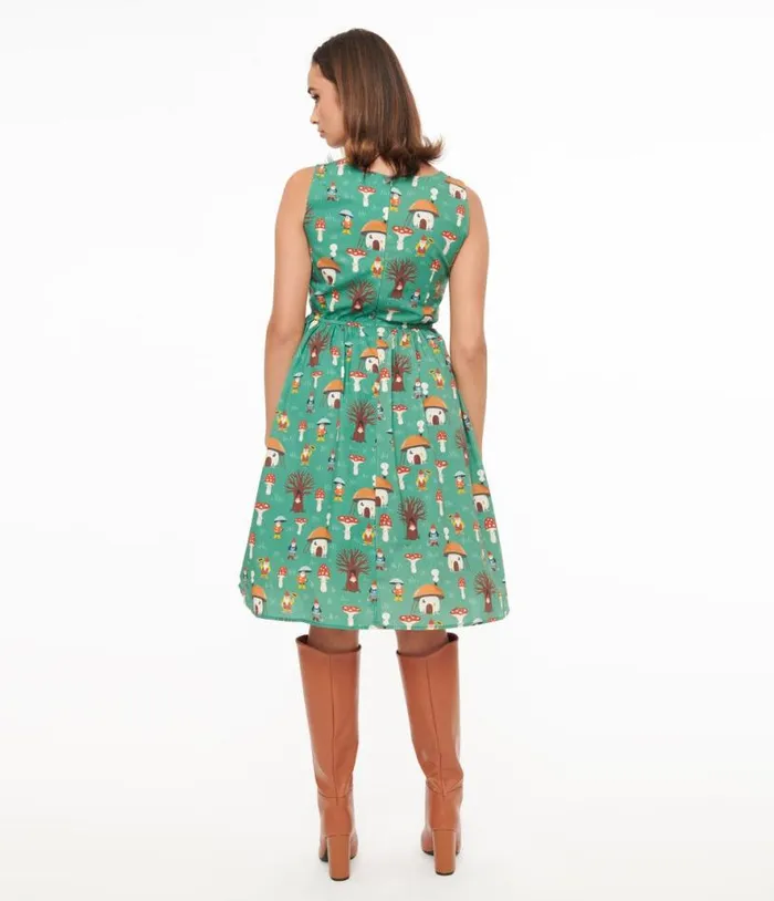 1950s Green Mushroom Cottage Cotton Swing Dress Dresses Unique Vintage Pocket Dresses