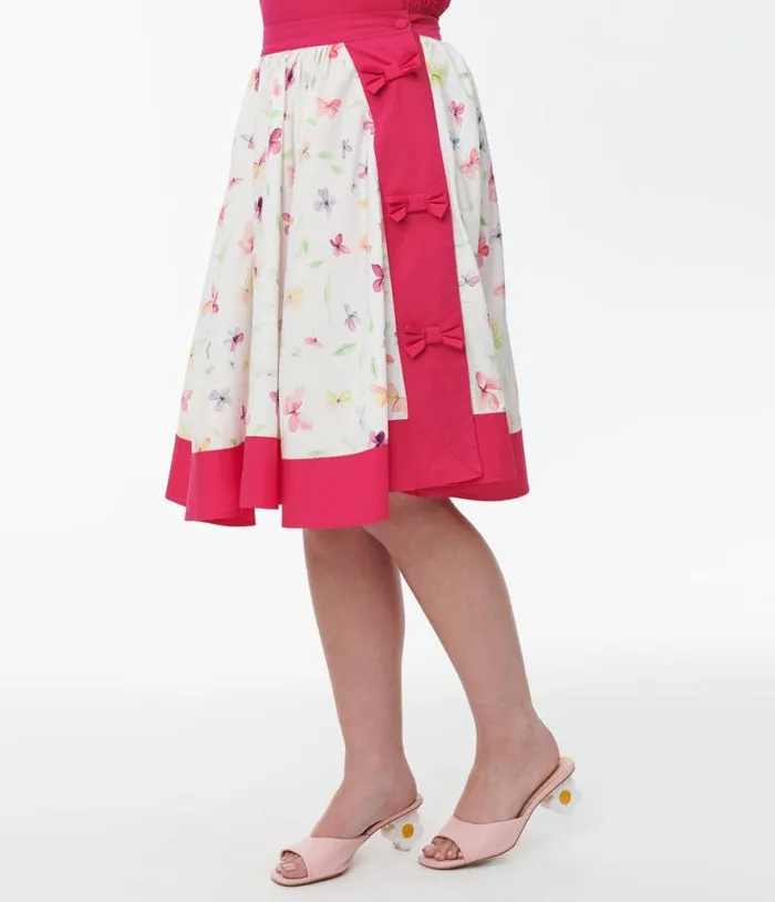 1950s Hot Pink and White Butterfly Print Rye Swing Skirt Clothing Unique Vintage Skirts