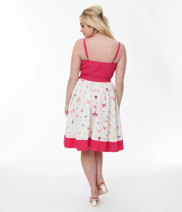 1950s Hot Pink and White Butterfly Print Rye Swing Skirt Clothing Unique Vintage Skirts