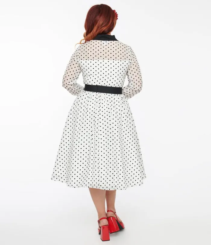 1950s Ivory and Black Polka Dot Tulle Swing Dress Dresses Unique Vintage Swing