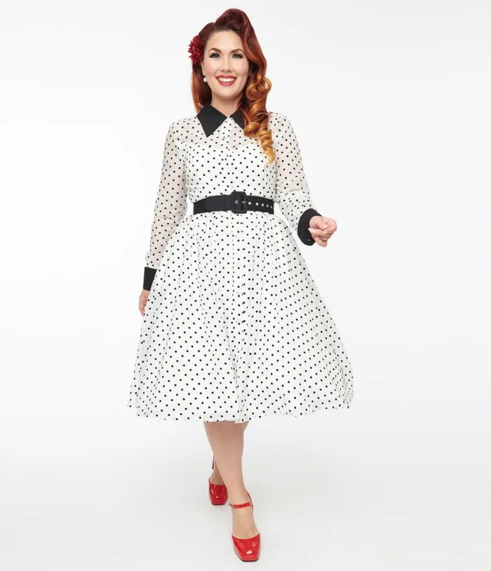 1950s Ivory and Black Polka Dot Tulle Swing Dress Dresses Unique Vintage Swing
