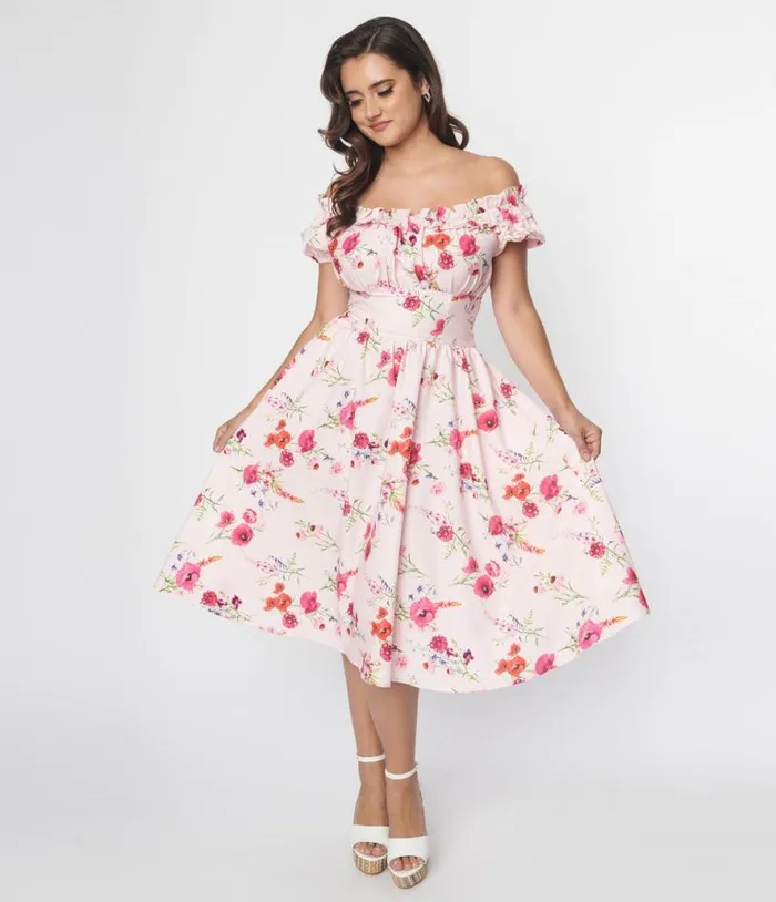 1950s Pink Floral Off The Shoulder Ruffle Swing Dress Dresses Unique Vintage Pocket Dresses