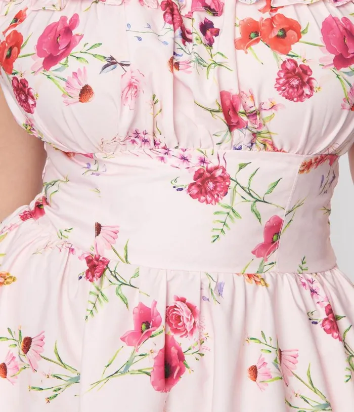 1950s Pink Floral Off The Shoulder Ruffle Swing Dress Dresses Unique Vintage Pocket Dresses