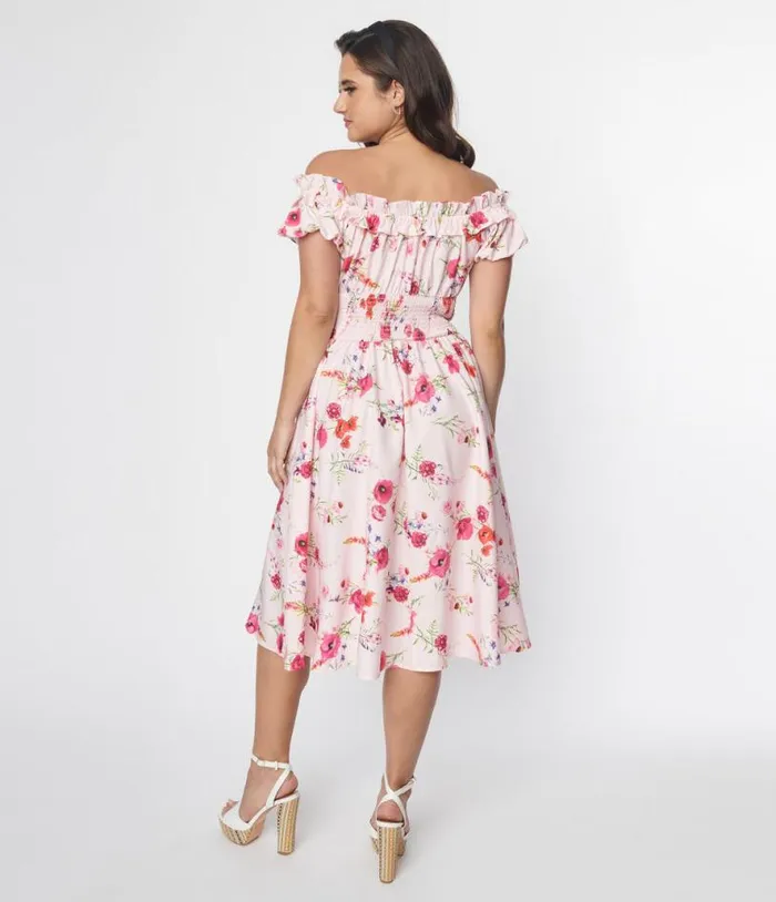 1950s Pink Floral Off The Shoulder Ruffle Swing Dress Dresses Unique Vintage Pocket Dresses