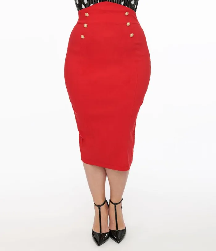 1950s Red Sailor High Waist Sierra Pencil Skirt Clothing Unique Vintage Skirts