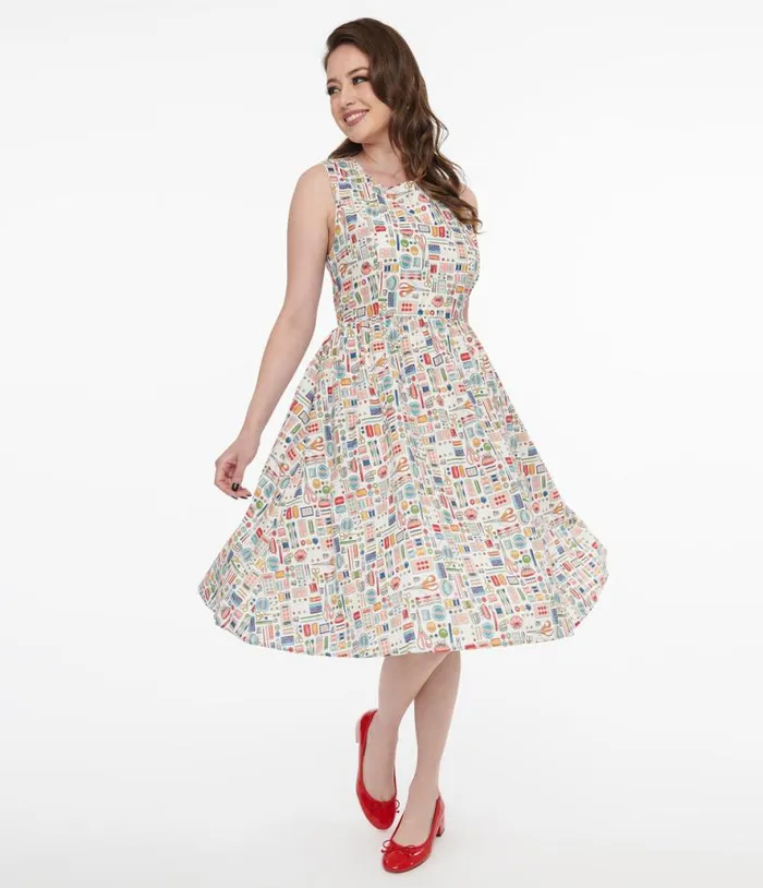 1950s White Sewing Print Cotton Swing Dress Dresses Unique Vintage Pocket Dresses