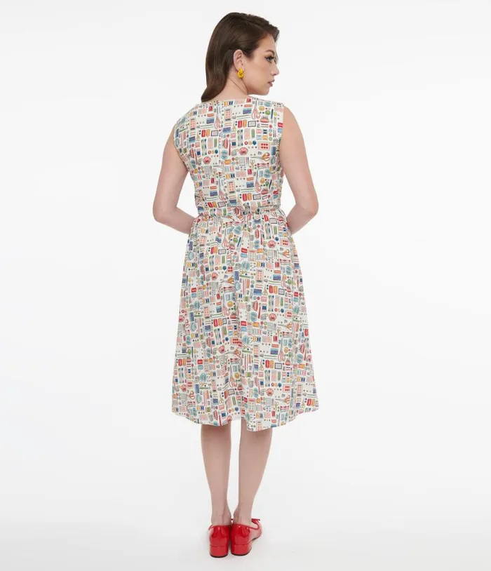 1950s White Sewing Print Cotton Swing Dress Dresses Unique Vintage Pocket Dresses