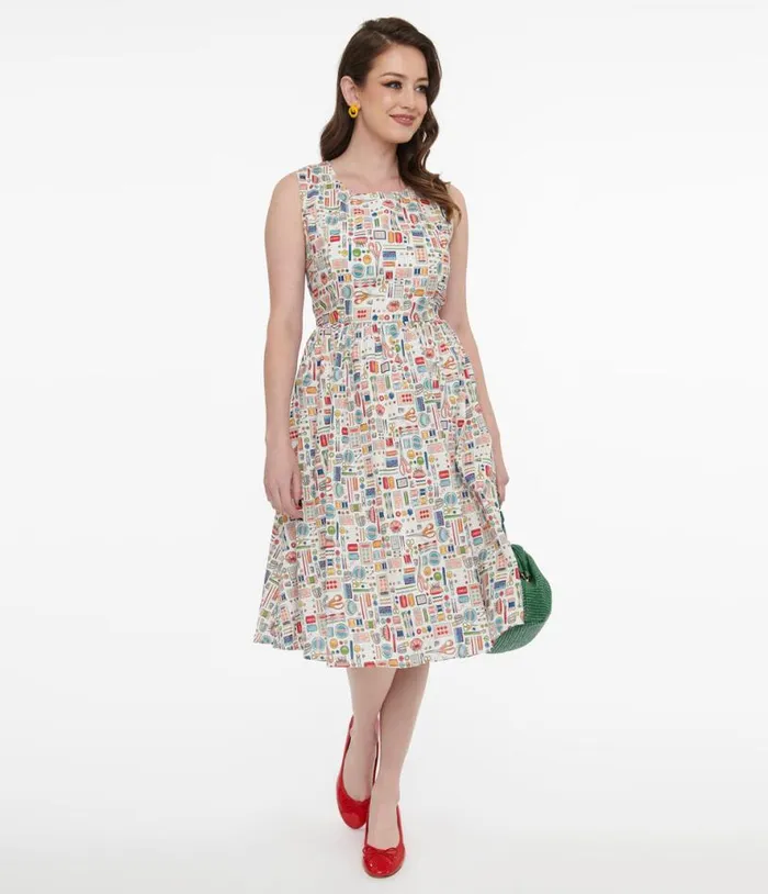 1950s White Sewing Print Cotton Swing Dress Dresses Unique Vintage Pocket Dresses