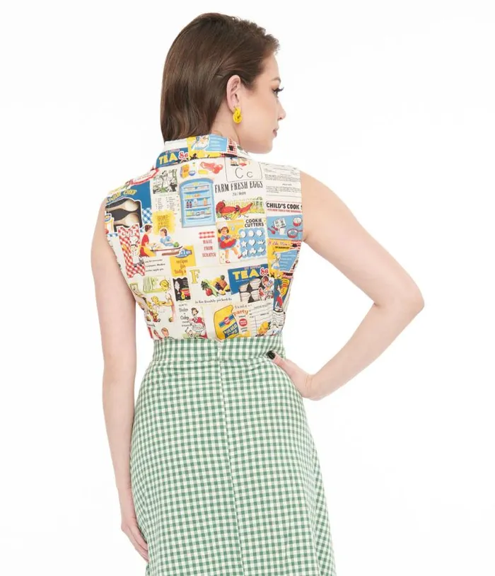 1950s White Vintage Cartoon Print Collared Top Clothing Unique Vintage Blouses