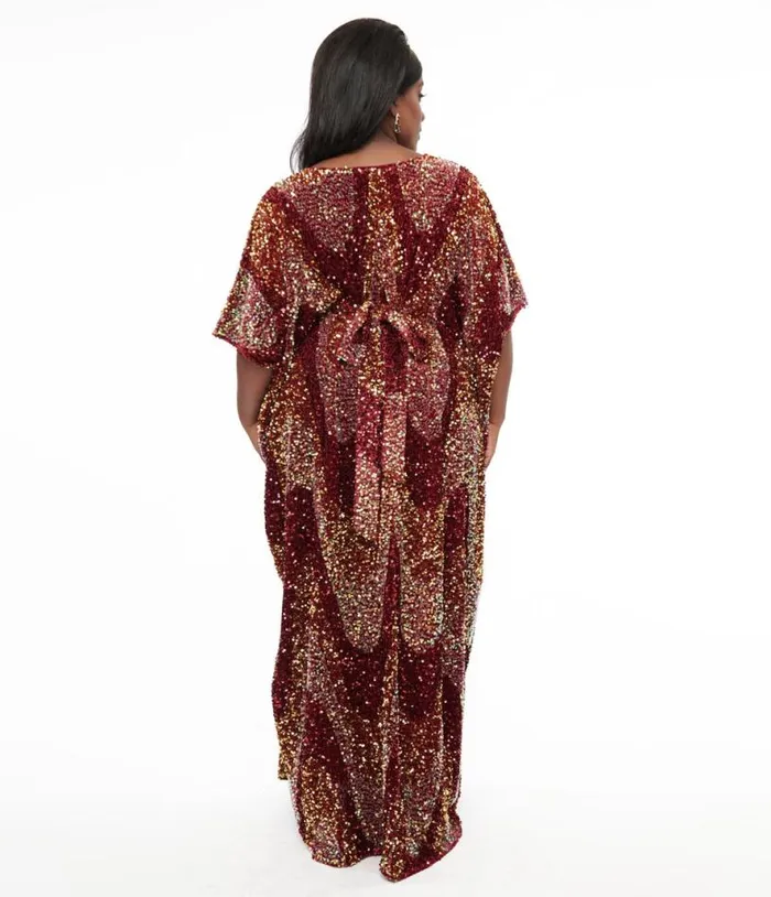 1960s Burgundy Sequin Burton Caftan Dress DressesPlus Unique Vintage Midi and Maxi