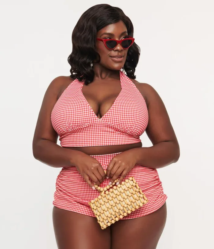 1960s Red and White Gingham Halter Swim Top Plus Unique Vintage Two Piece Swim