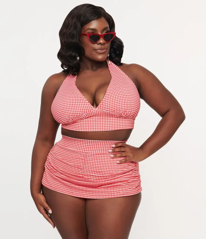 1960s Red and White Gingham Halter Swim Top Plus Unique Vintage Two Piece Swim