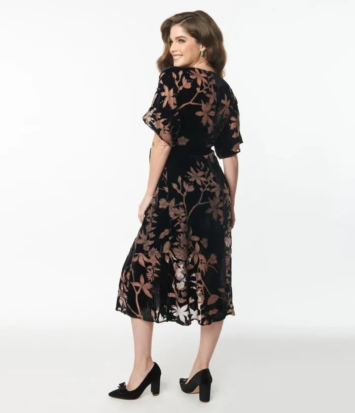1970s Black Floral Velvet Wrap Midi Dress Dresses Unique Vintage Wrap Dresses