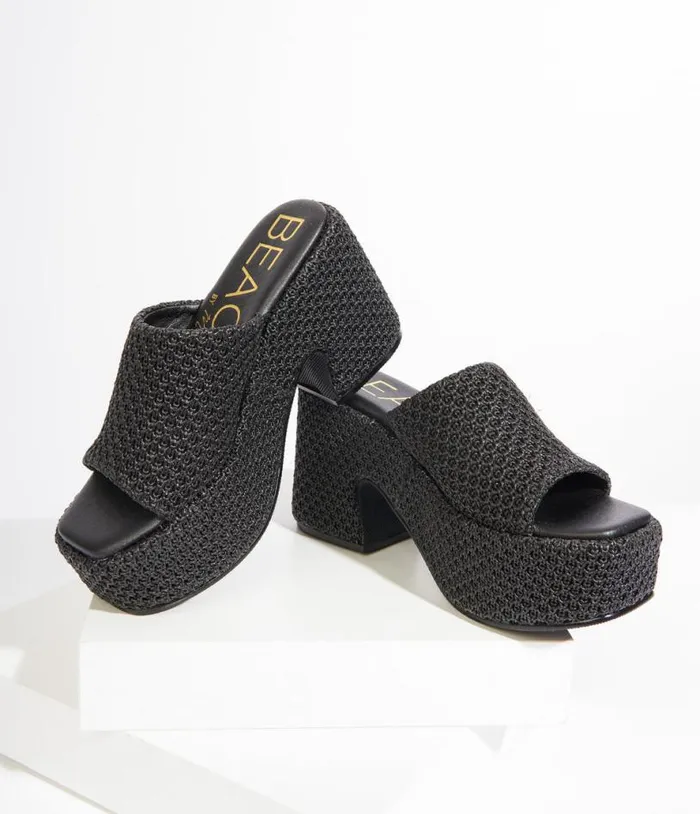 1970s Black Woven Jute Platform Mule Sandals Shoes Unique Vintage Sandals