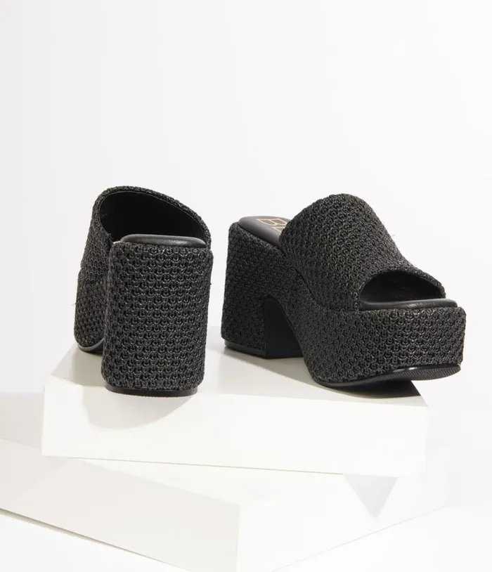 1970s Black Woven Jute Platform Mule Sandals Shoes Unique Vintage Sandals
