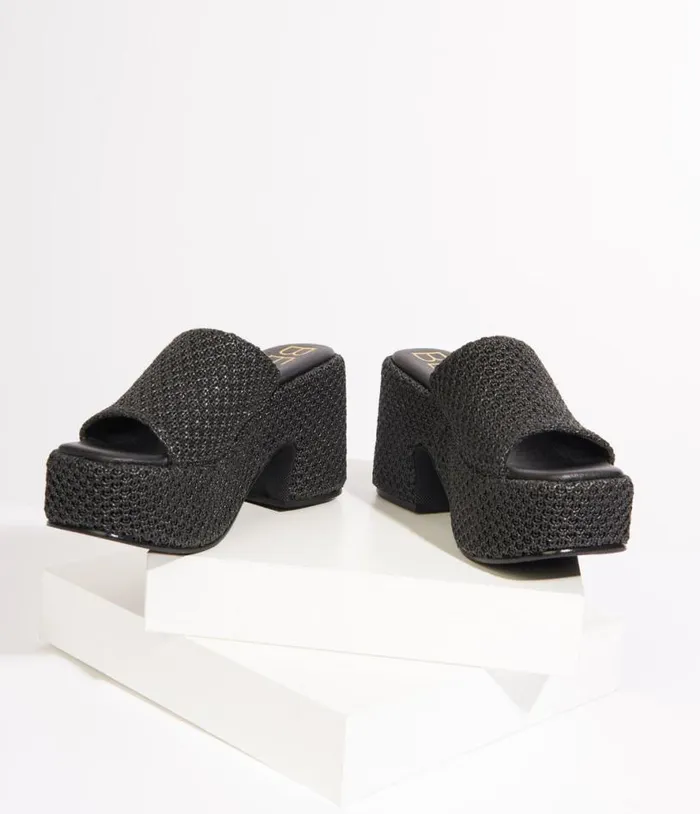 1970s Black Woven Jute Platform Mule Sandals Shoes Unique Vintage Sandals