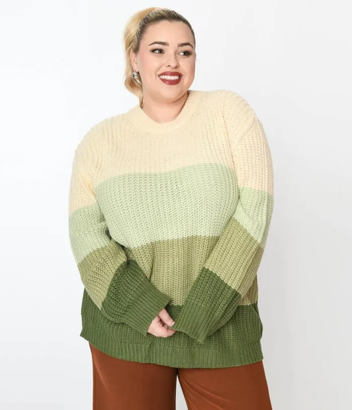 1970s Green Dream Color Block Striped Pullover Knit Sweater ClothingPlus Unique Vintage Sweaters and Cardigans