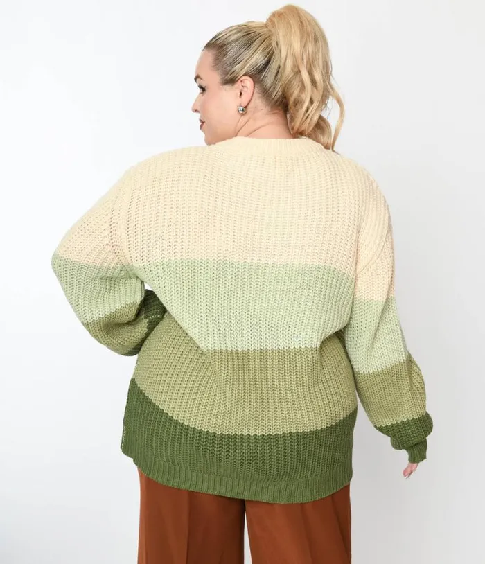 1970s Green Dream Color Block Striped Pullover Knit Sweater ClothingPlus Unique Vintage Sweaters and Cardigans