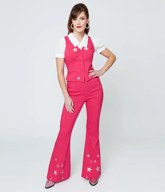 1970s Pink and Glitter Stars Flare Pants Clothing Unique Vintage Pants