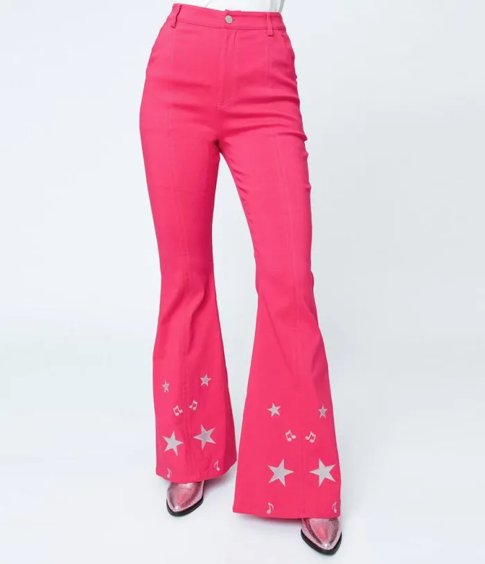 1970s Pink and Glitter Stars Flare Pants Clothing Unique Vintage Pants