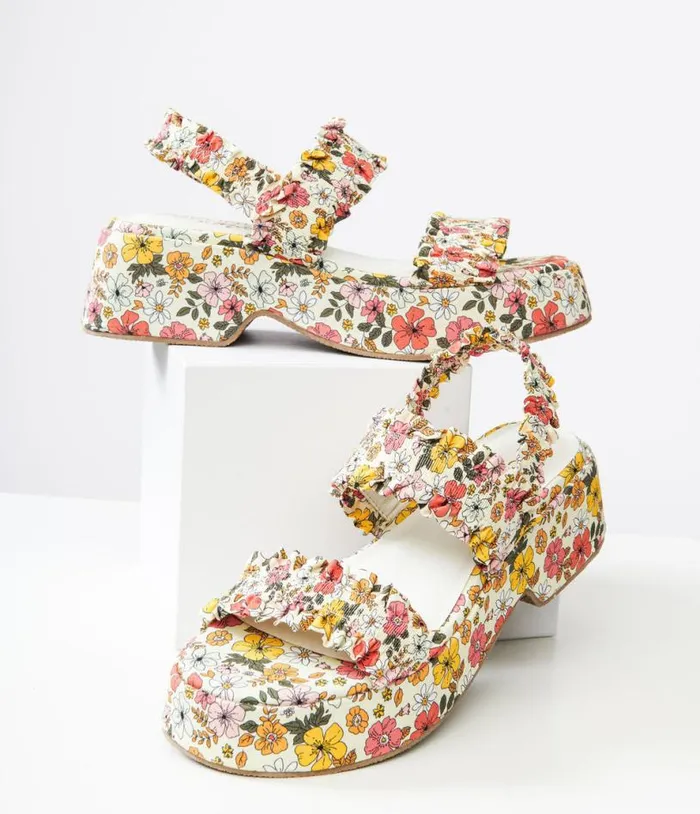 1970s White Floral Jean Platform Sandals Shoes Unique Vintage Sandals