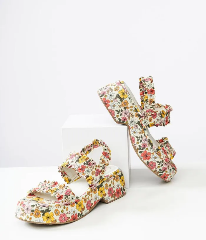 1970s White Floral Jean Platform Sandals Shoes Unique Vintage Sandals
