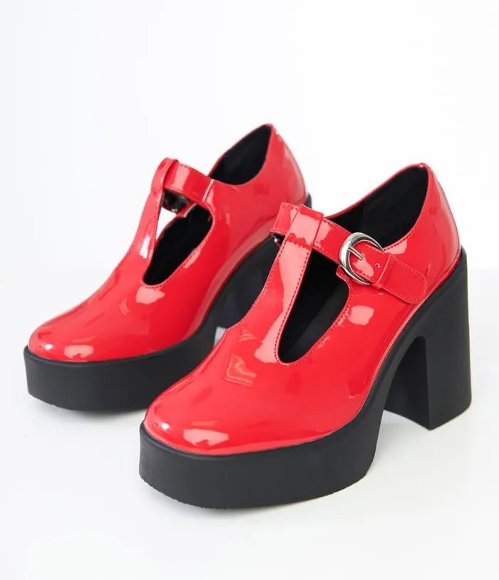 1990s Red Patent Leatherette TStrap Platforms Shoes Unique Vintage Heels
