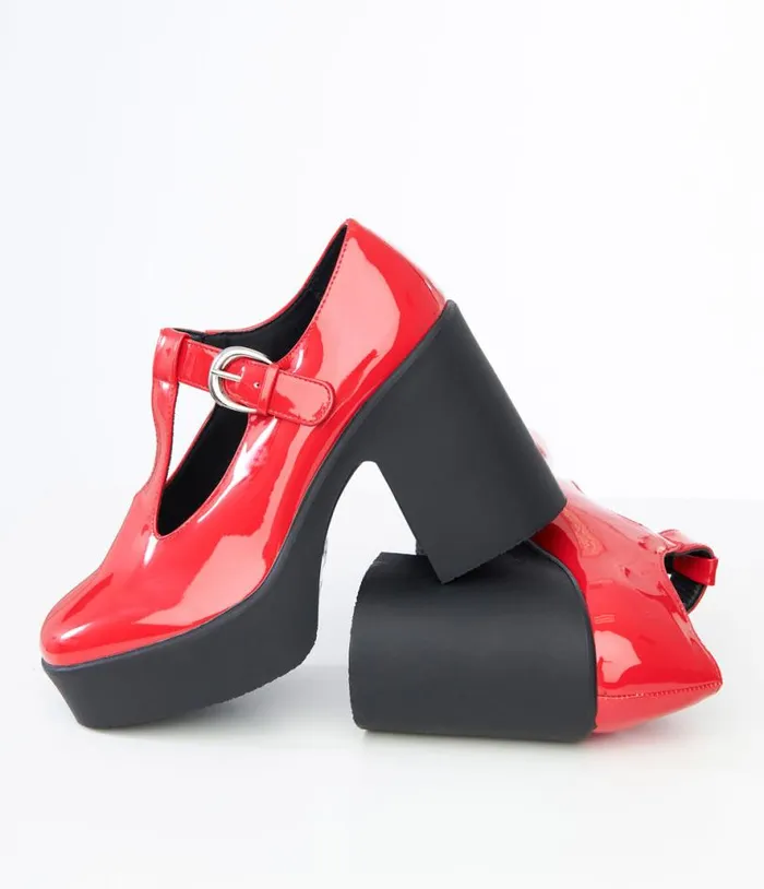 1990s Red Patent Leatherette TStrap Platforms Shoes Unique Vintage Heels