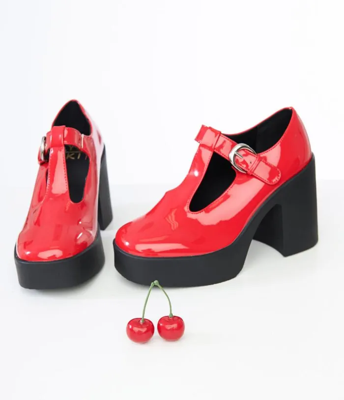 1990s Red Patent Leatherette TStrap Platforms Shoes Unique Vintage Heels