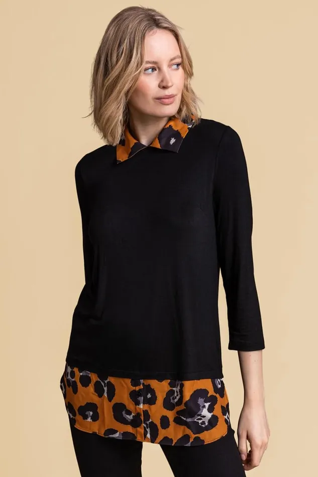 Amber Contrast Detail Animal Print 34 Sleeve Top Women Roman Tops