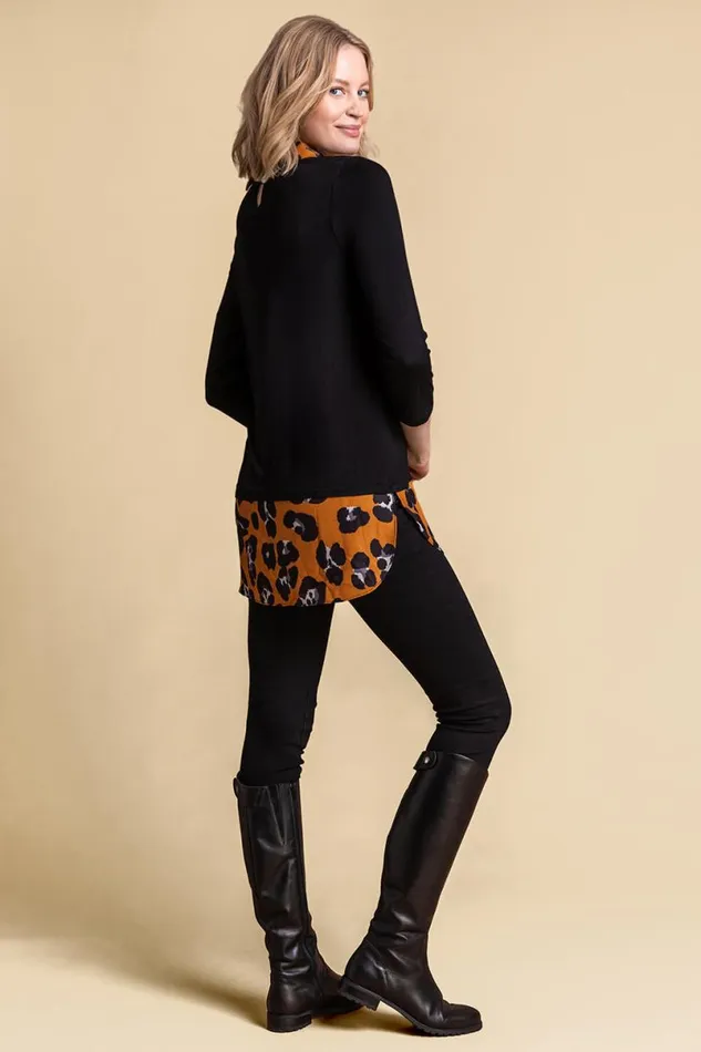 Amber Contrast Detail Animal Print 34 Sleeve Top Women Roman Tops
