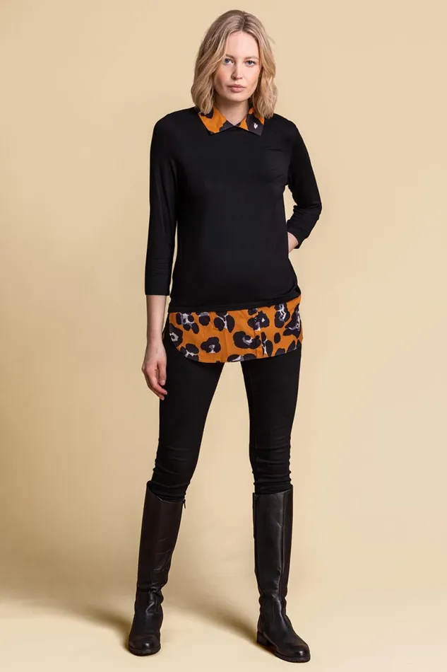 Amber Contrast Detail Animal Print 34 Sleeve Top Women Roman Tops