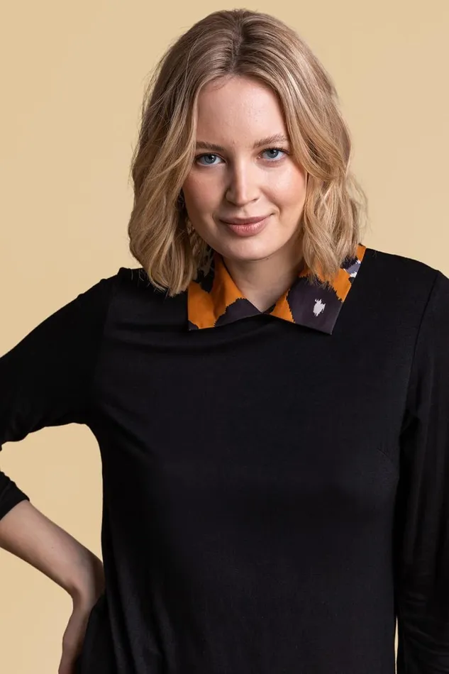 Amber Contrast Detail Animal Print 34 Sleeve Top Women Roman Tops